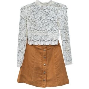 H&M Divided White Lace Crop Top & Tan Button Skirt Set XS/0